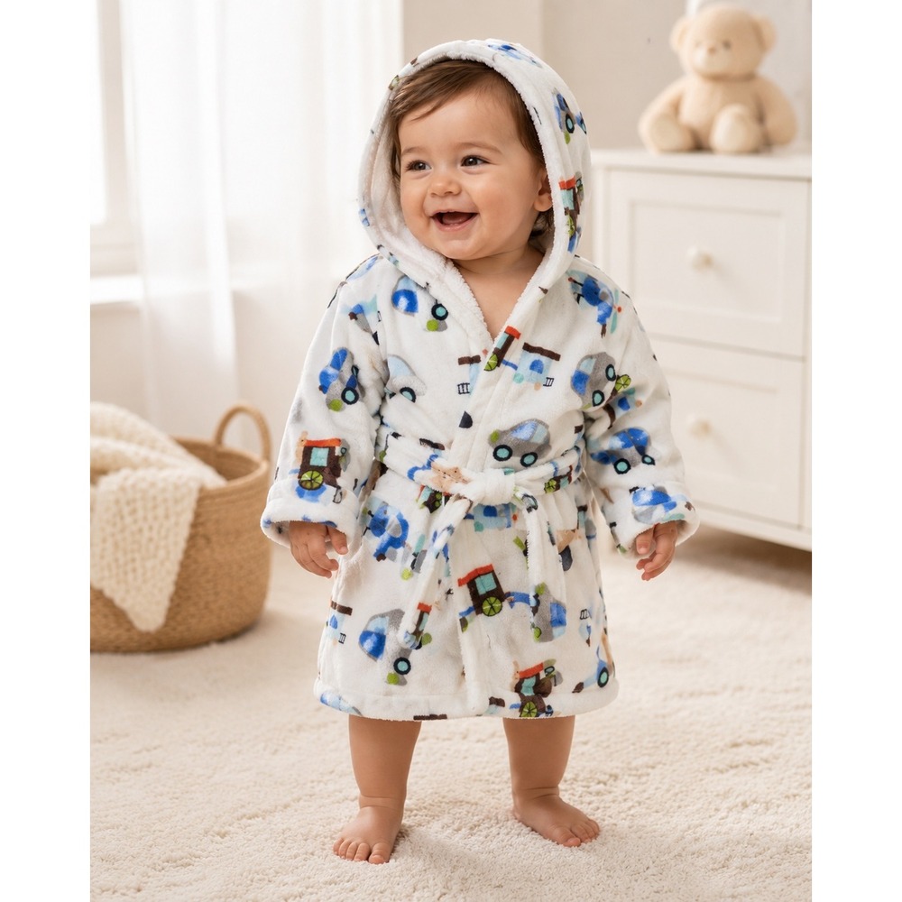 Ronron Baby Faux Mink Bathrobe Sherpa Lined Hooded Vehicle Print NWT